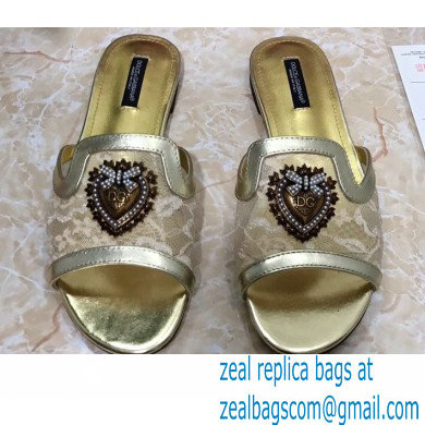 Dolce & Gabbana Lace Sliders Gold with Devotion Heart 2021